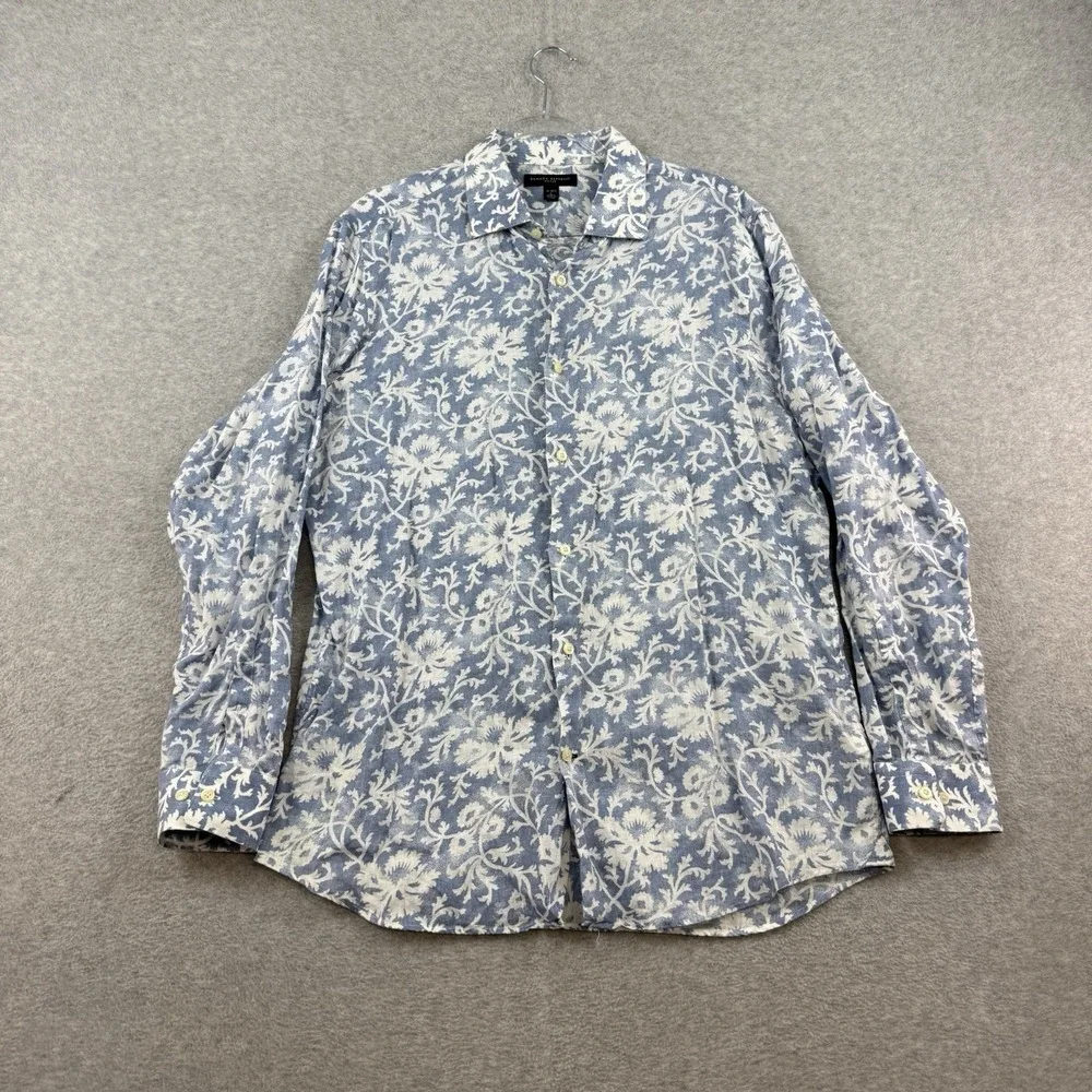 Banana Republic Men's Large Blue Floral Linen Fitted Long Sleeve Button-Up Shirt